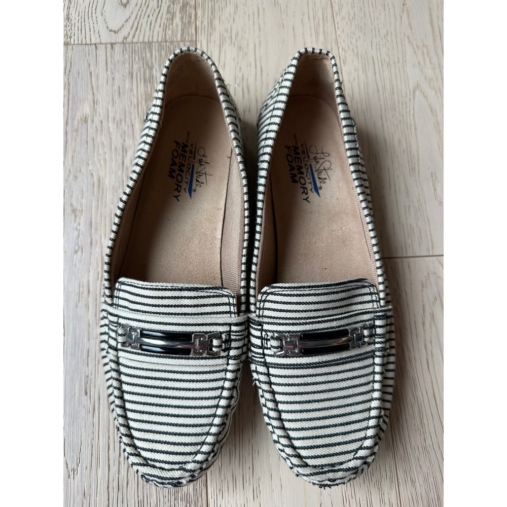 LifeStride Vanity Striped Loafers Black White Memory Foam Flats Size 9.5M